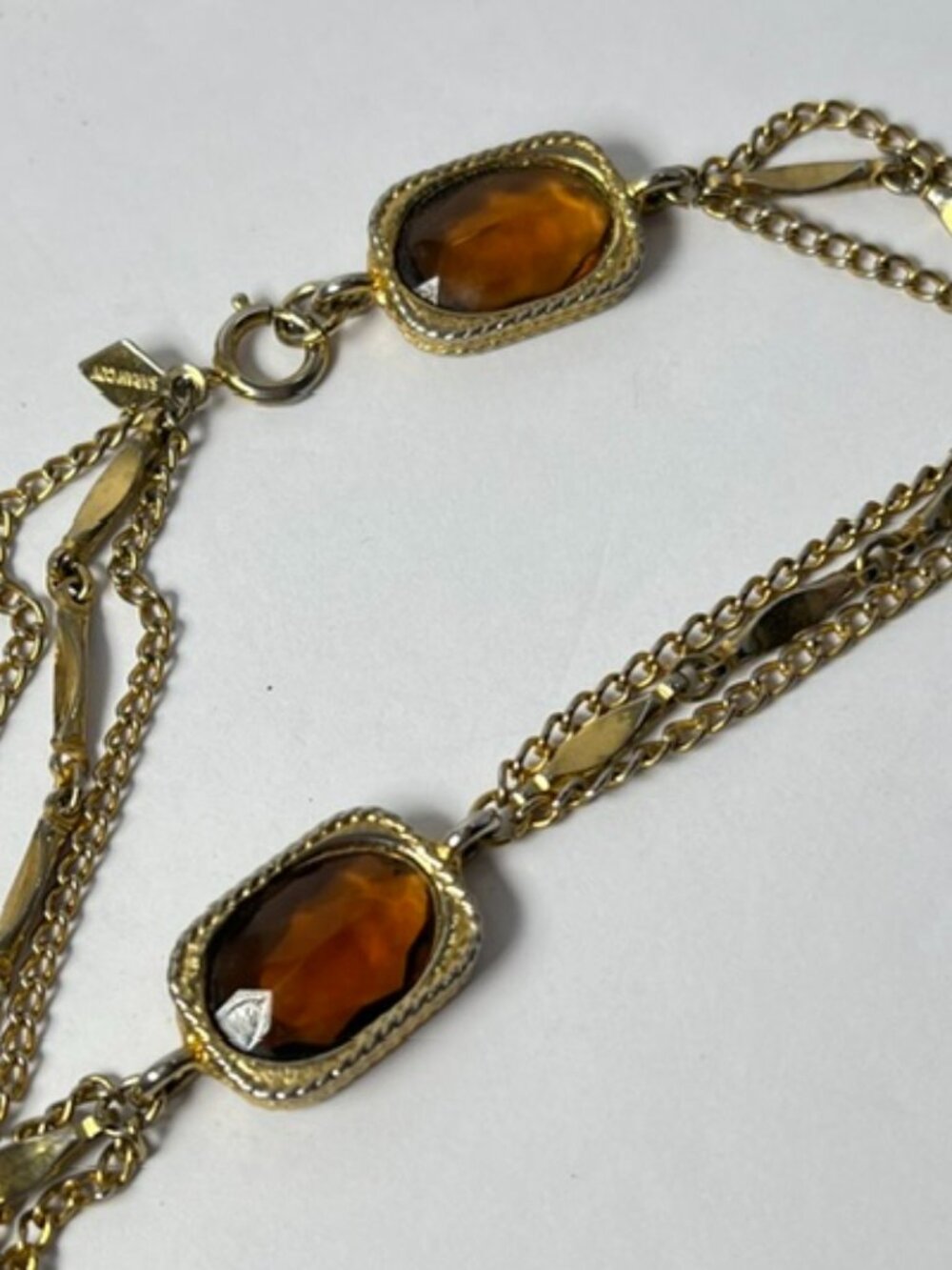 Vintage SARAH COVENTRY 53” Gold-Tone Triple Chain Necklace Amber Glass Stones - Picture 9 of 10